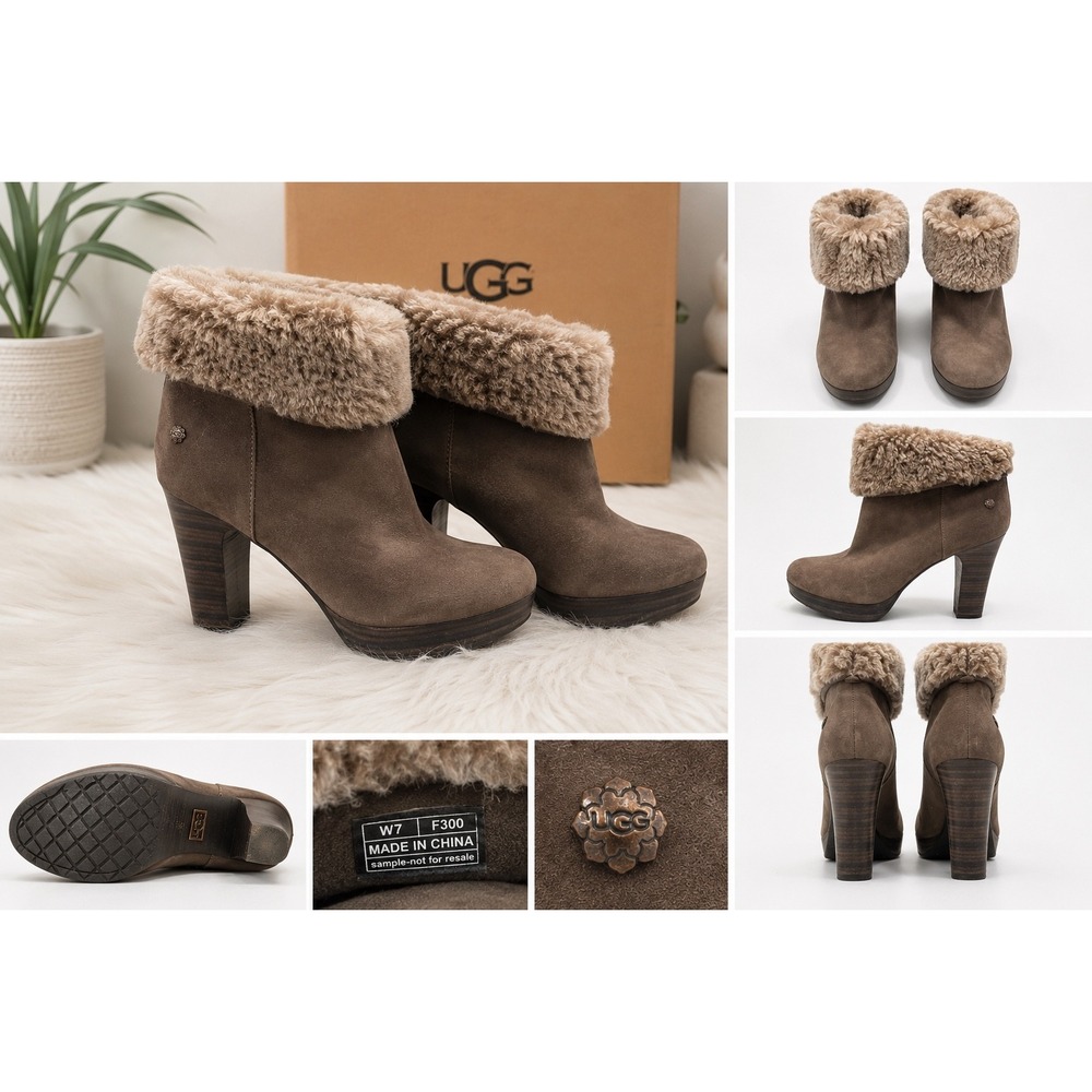 UGG Australia Brown Suede Shearling Fur Cuff Platform Heeled Ankle Boots Size 7